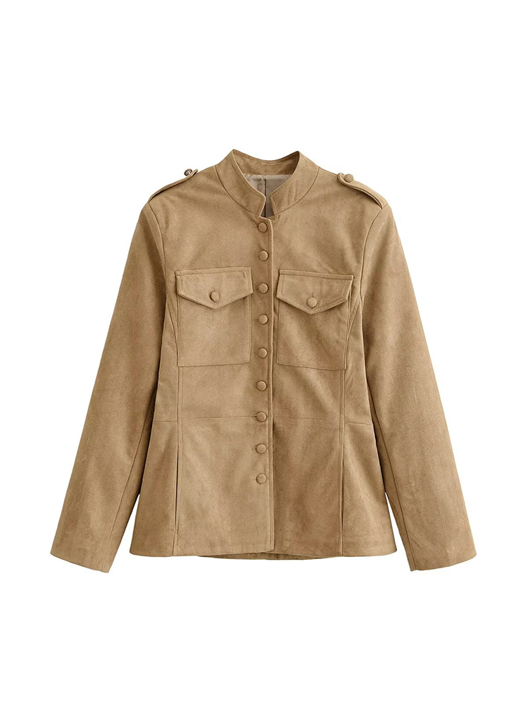 Veste Tendance Femme Printemps Automne 2026 Classique Vintage en Daim Col Montant Simple Boutonnage Décontractée Polyvalente Courte Style Urbain