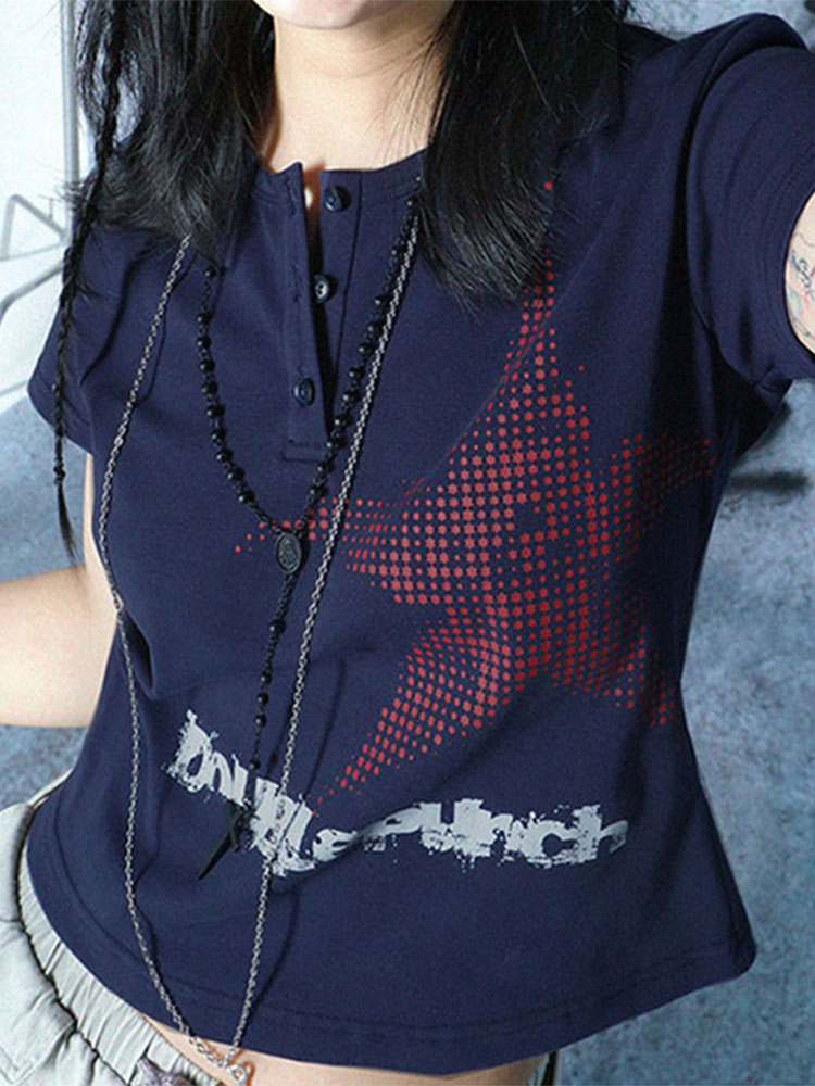 Haut court à manches courtes et col rond pour femmes, T-shirt graphique, Streetwear à motif d'étoiles, Style japonais, Y2K, Harajuku