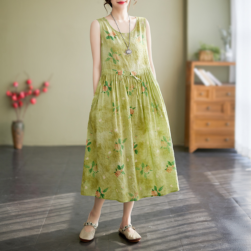 Robes De Mujer robe d'été pour femmes imprimé fleuri coton lin rétro nouveau pull sans manches a-ligne longue robe Maxi ample