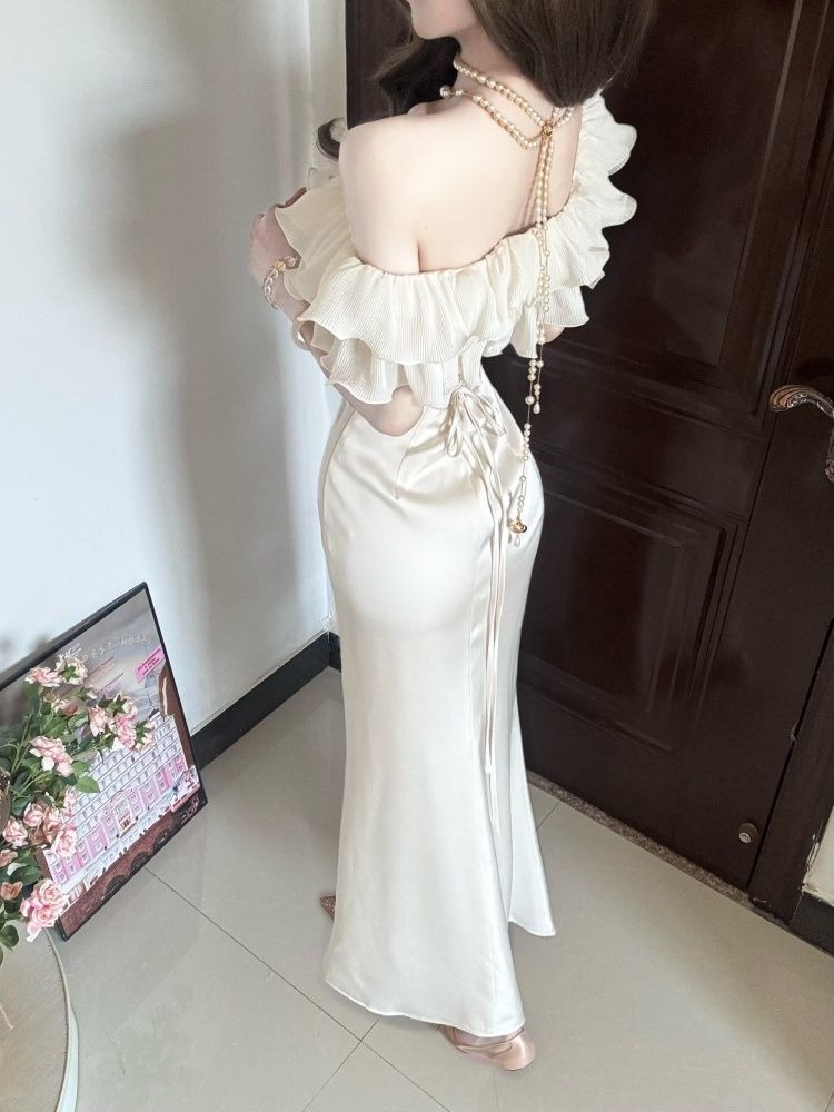 Robe élégante française printemps-été pour femmes, robe longue chic à volants, épaules dénudées, robe de soirée blanche sexy Harajuku