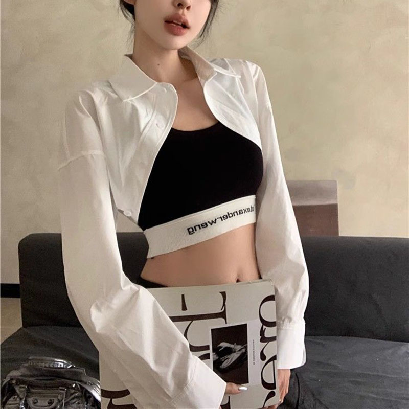 Chemises Super courtes pour femmes, Streetwear, taille haute, manches longues, couleur unie, hauts courts assortis, nouvelle mode d'été