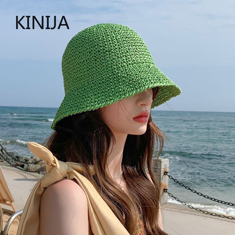 Plage coréenne Chapeau de paille été femmes visière seau Chapeau pêcheur Chapeau tissage à la main Panama fille pêche Chapeau soleil chapeaux outil