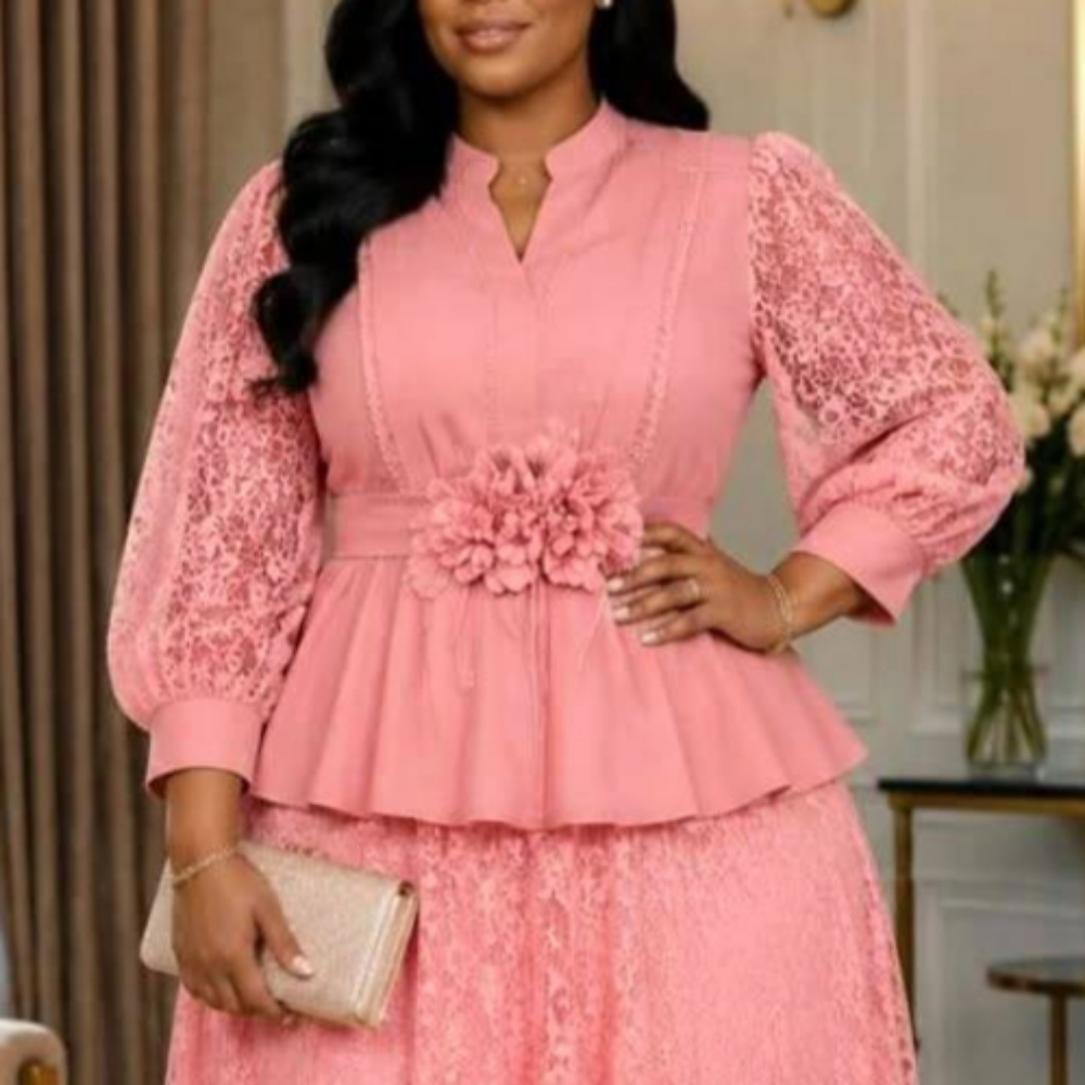 Chemisier Peplum Rose pour Femme, Col Montant, Col en V à Revers, Manches Longues en Dentelle Type Lanterne, Fleur 3D à la Taille, pour Église, Mariage, Invitée, Tenue Décontractée