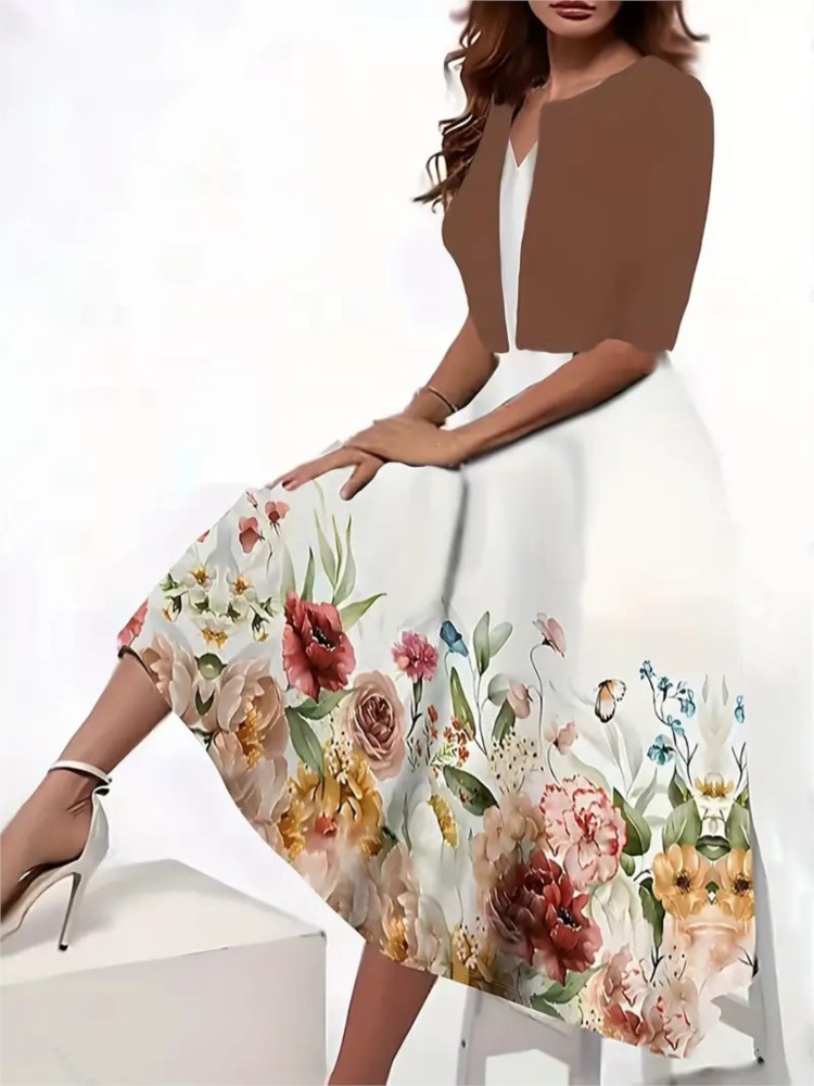 Robe longue décontractée à imprimé floral pour femmes, cardigan court à col en V, manches mi-longues, robes mi-longues trempées, ensembles élégants