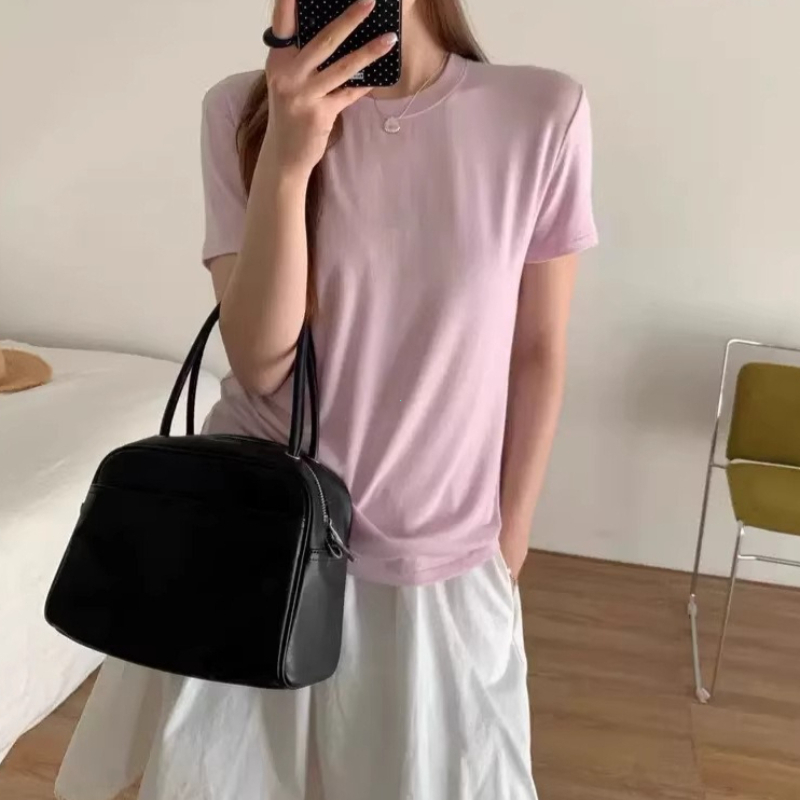 T-shirt d'été en soie à manches courtes pour femme, col rond, en laine, coupe ajustée, sous-vêtement de base