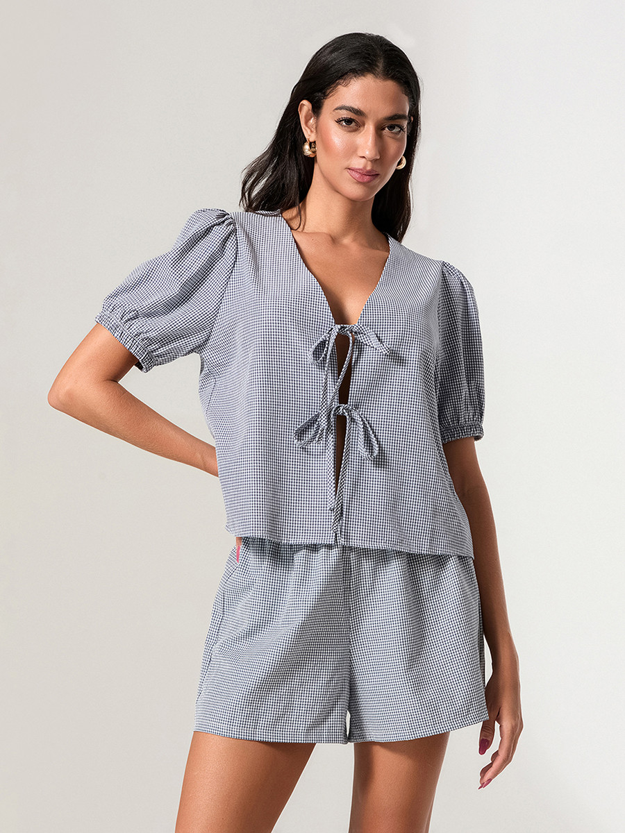 Tenue à carreaux pour femmes, mode d'été, haut ample à col en V, manches bouffantes, short à taille élastique, ensemble d'été 2 pièces