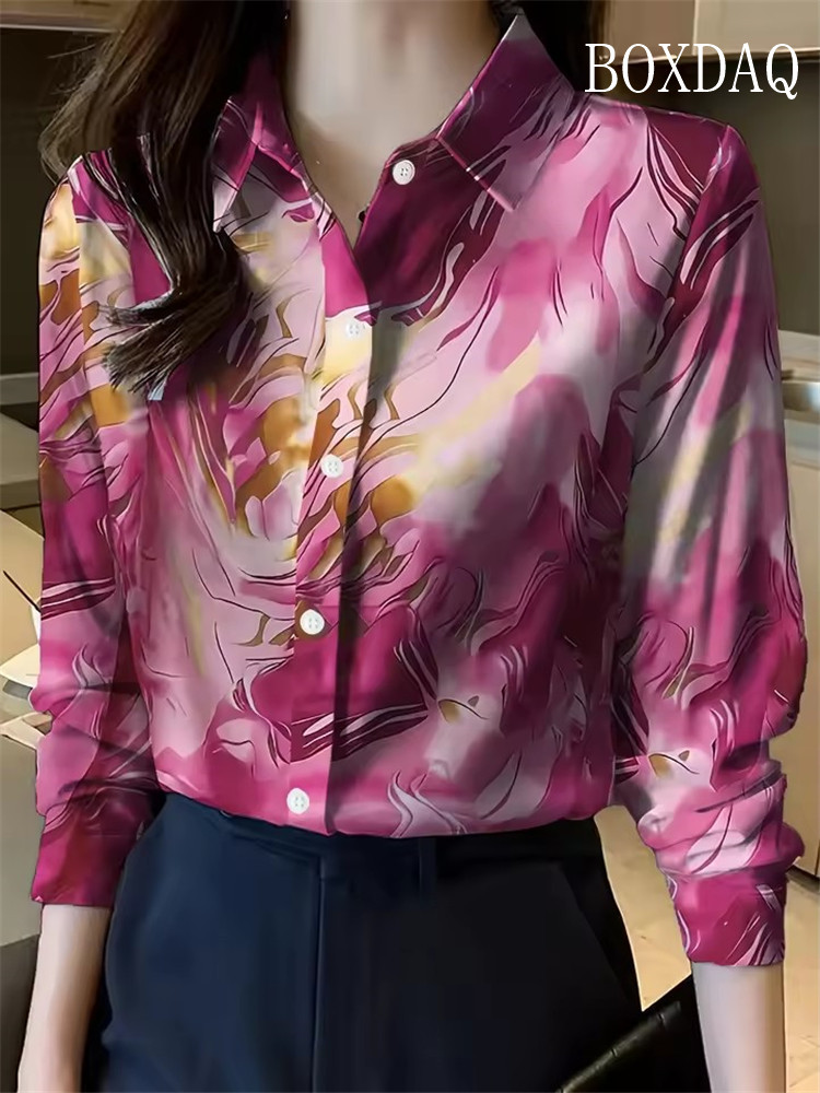 Femmes chemise 2025 automne vêtements femmes Blouses Vintage bureau dame à manches longues Blouse boutonné revers chemises OL imprimer femmes hauts