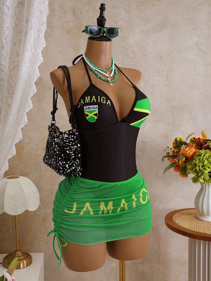 Maillot de bain une pièce pour femme, imprimé drapeau jamaïcain, dos nu, décolleté plongeant, sans manches, coupe haute, style Y2K streetwear, pour l'été et la plage