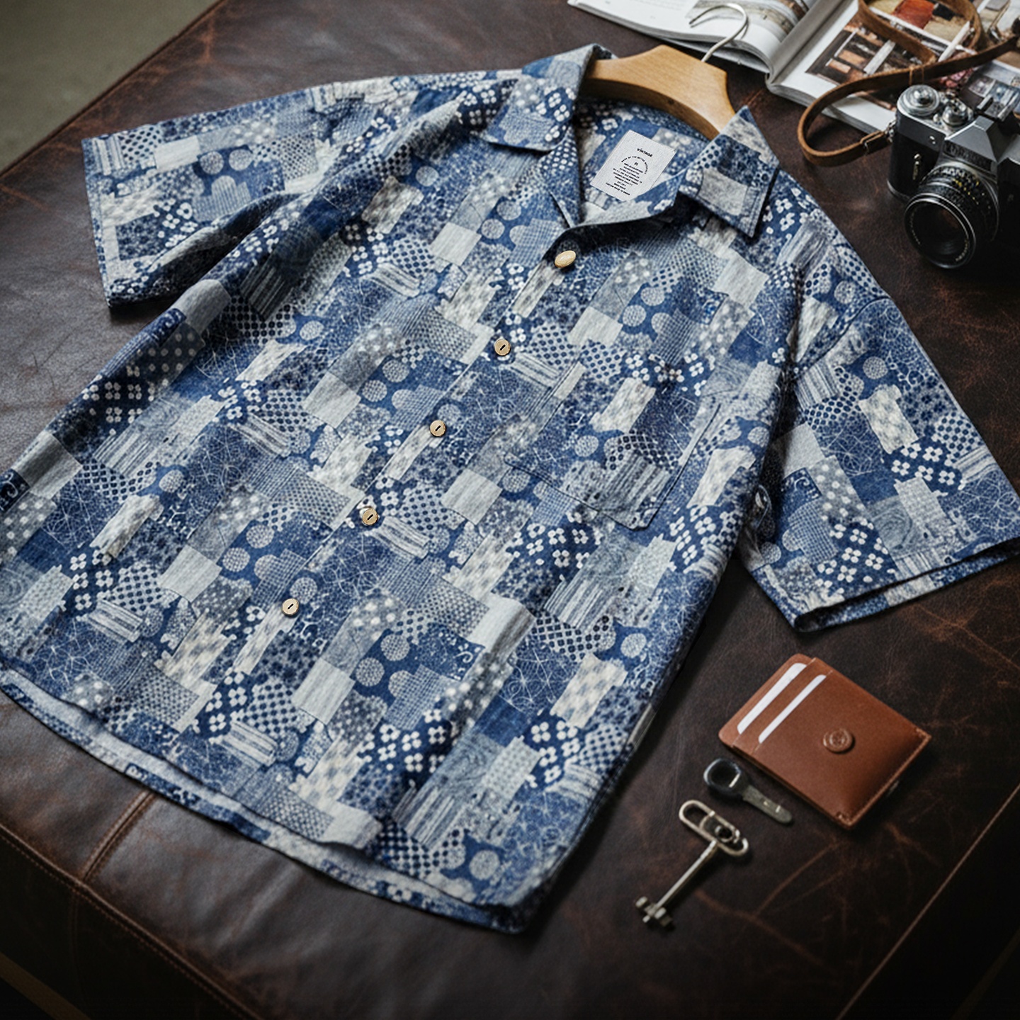 Chemise à manches courtes en coton imprimé pour homme Maden, style Boro patchwork, décontractée, boutonnée, légère, respirante, pour l'été