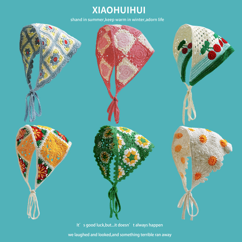 Nouveau foulard de cheveux triangulaire tricoté à la main rétro français pour les femmes printemps été voyage Photo polyvalent doux sangle foulard chapeau