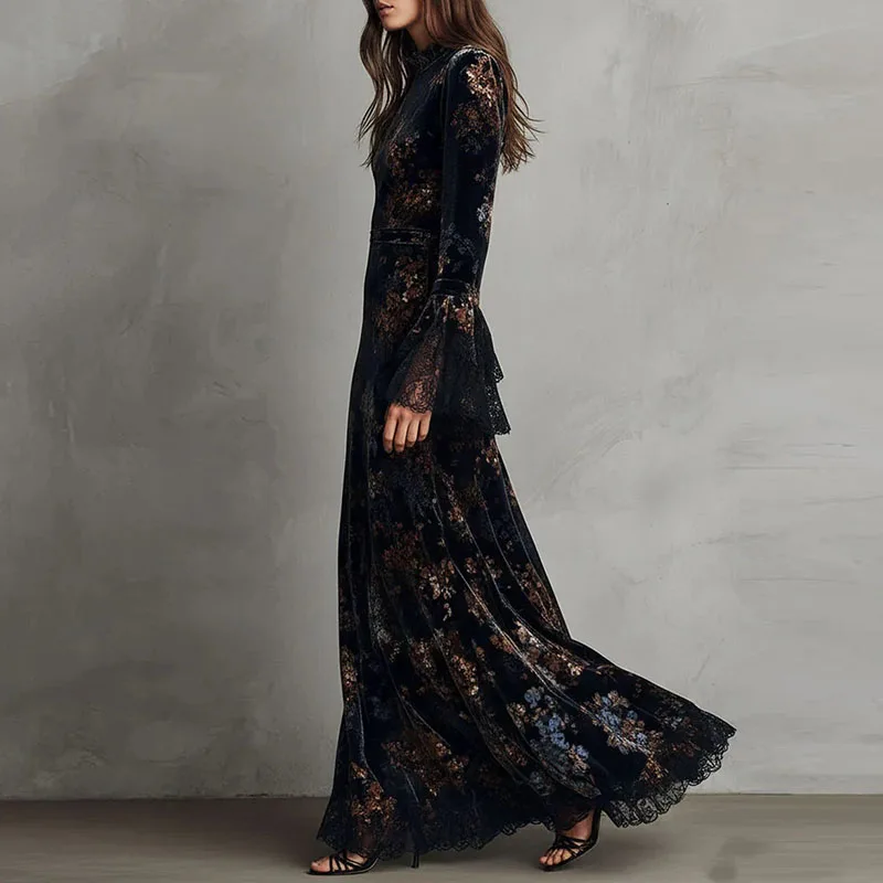 Robe longue en velours à imprimé floral rétro BWQ pour femme, robe de soirée sexy à col rond et taille haute, robe maxi à manches longues et dentelle pour l'automne