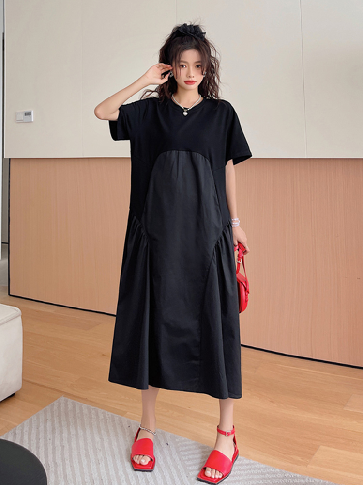 Robes plissées noires vintage patchwork pour femmes, nouvelle mode coréenne, manches courtes, coupe ample, décontractée, longue robe d'été, vêtements 2026