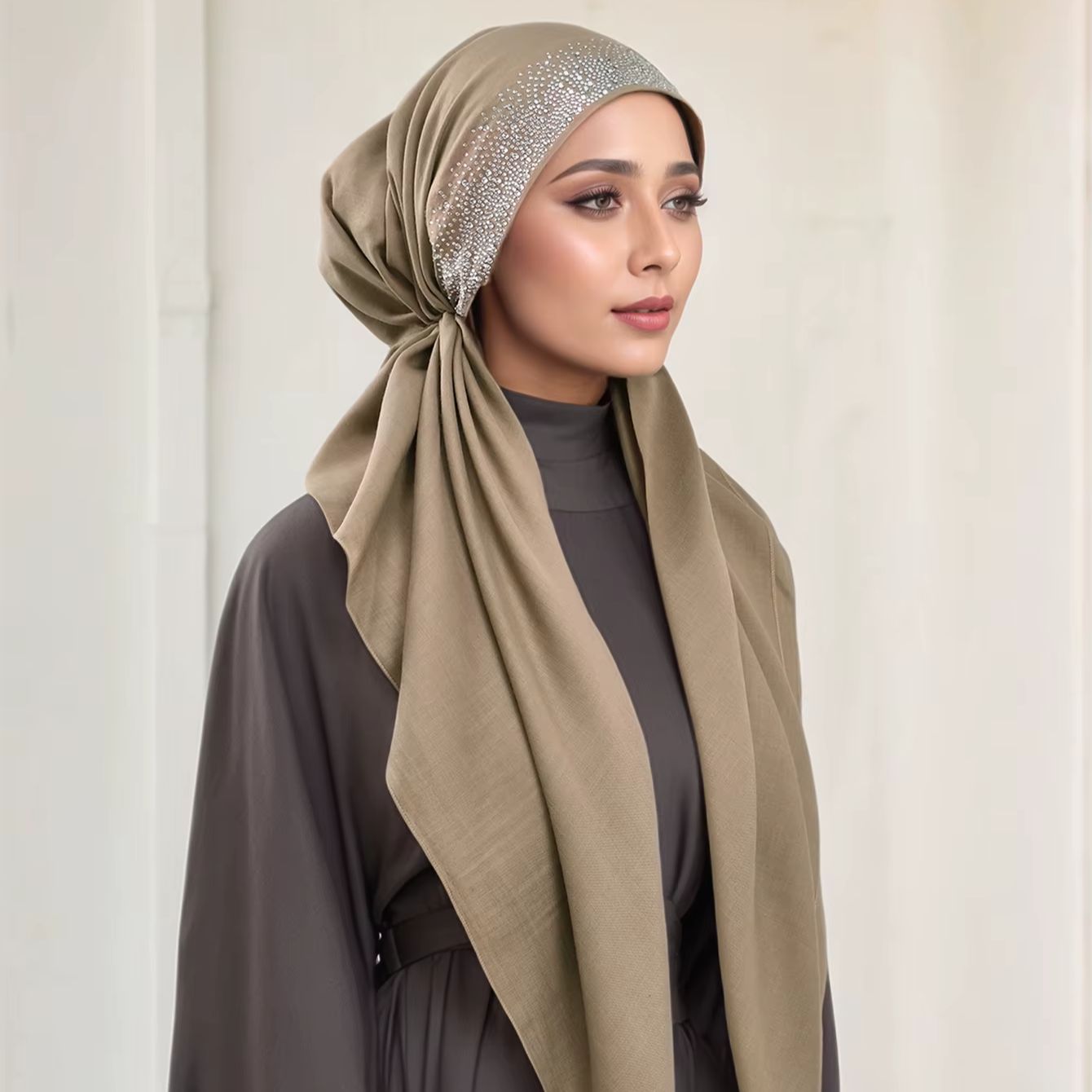 Hijab instantané en coton uni pour femme, avec deux queues, orné de strass, turban doux en coton de couleur unie, idéal pour le Ramadan