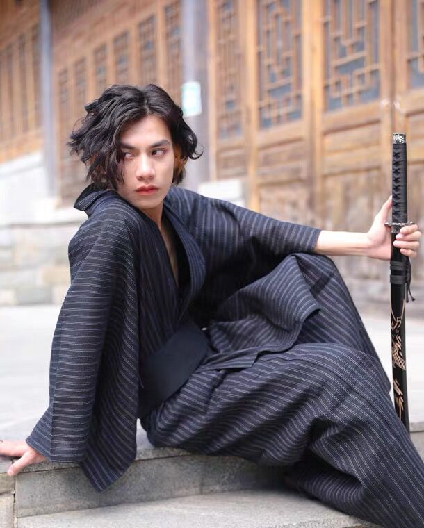 KIMONO YUKATA-Ensemble de pyjamas 95% coton pour hommes, robes longues avec ceinture, vêtements de nuit masculins, peignoir japonais traditionnel, mode d'été