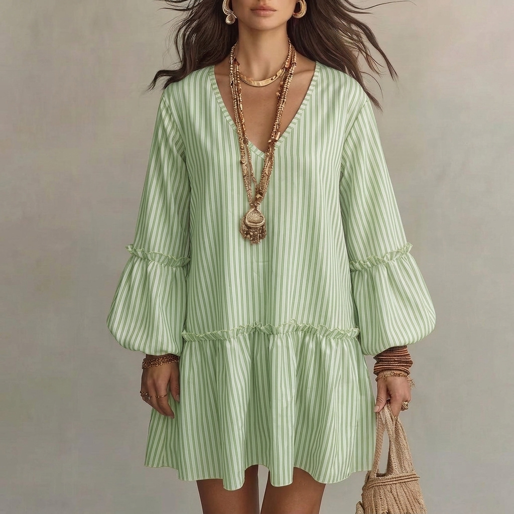 Robe Courte Décontractée Printemps Automne Rayée Colorée Tendance Style Urbain Manches Longues Col V Taille Haute Manches Lanterne