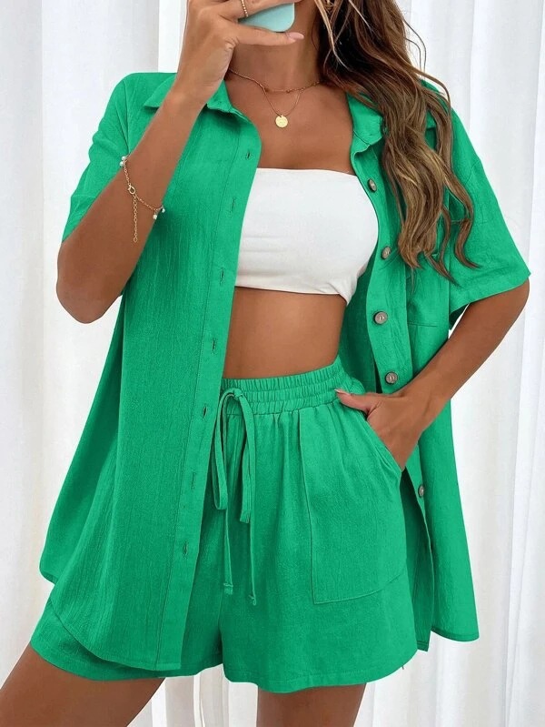 Mode femmes chemise + Short deux pièces ensemble couleur unie chemise costume 2025 nouveau décontracté ample à manches courtes simple boutonnage femmes ensemble