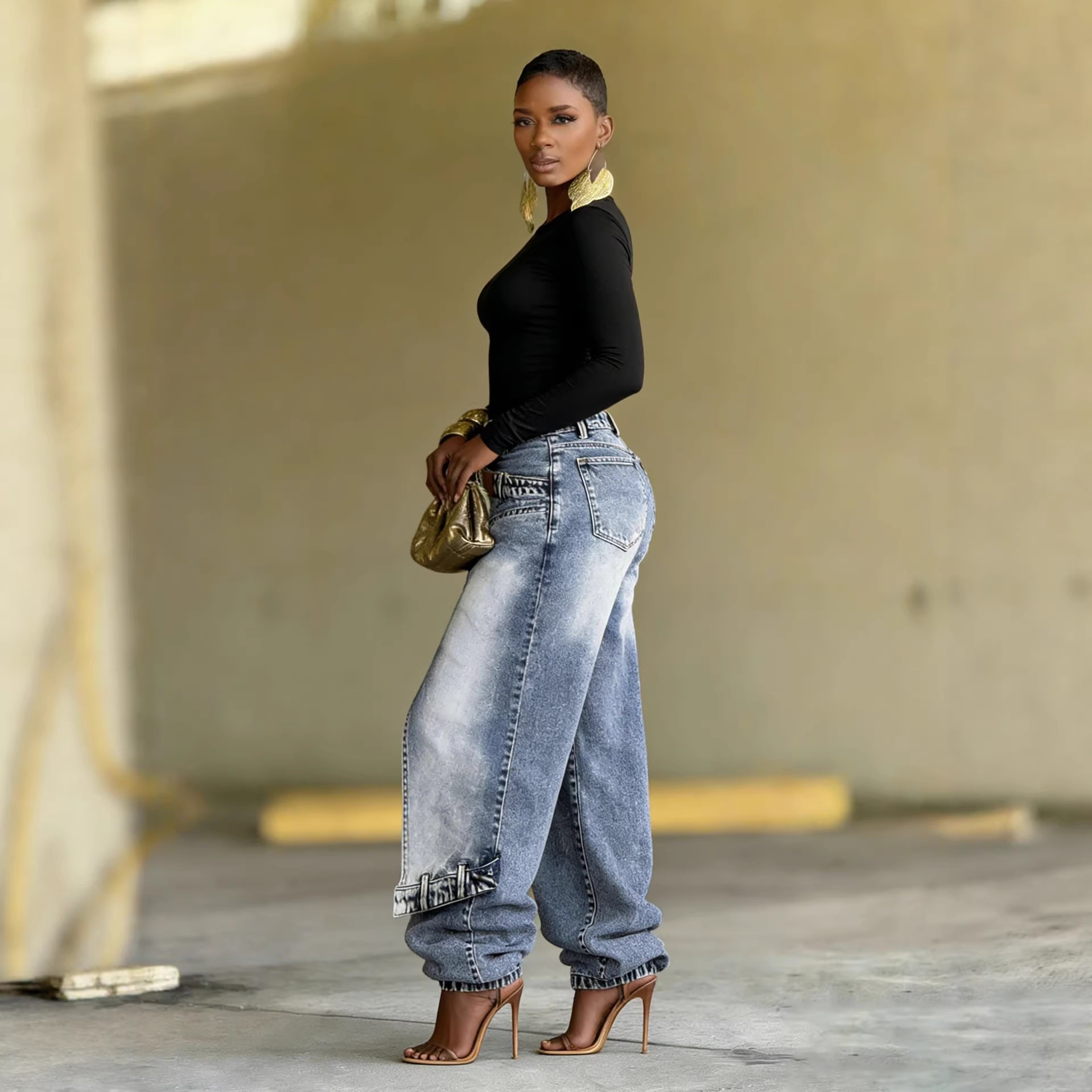 Jeans Femme Vintage Coupe Large Denim Délavé Streetwear Patchwork Patches Pantalon Droit Effet Usé Longueur Ras du Sol 2026