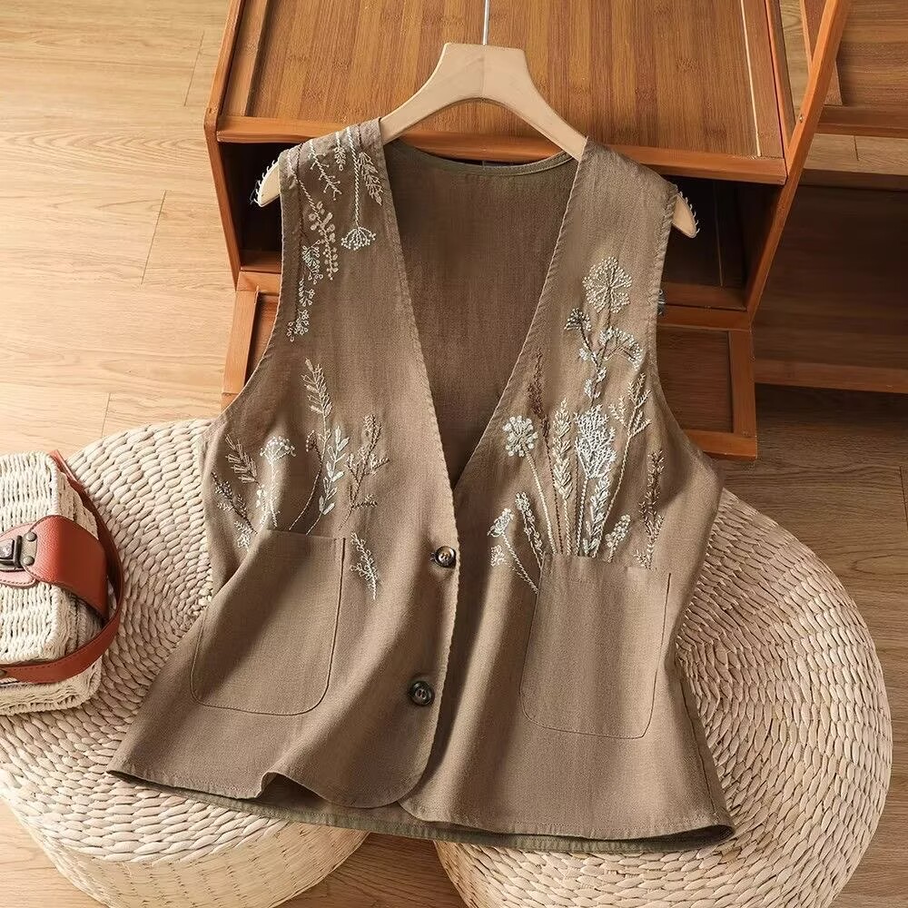 Gilet brodé pour femmes en coton et lin, veste sans manches d'été