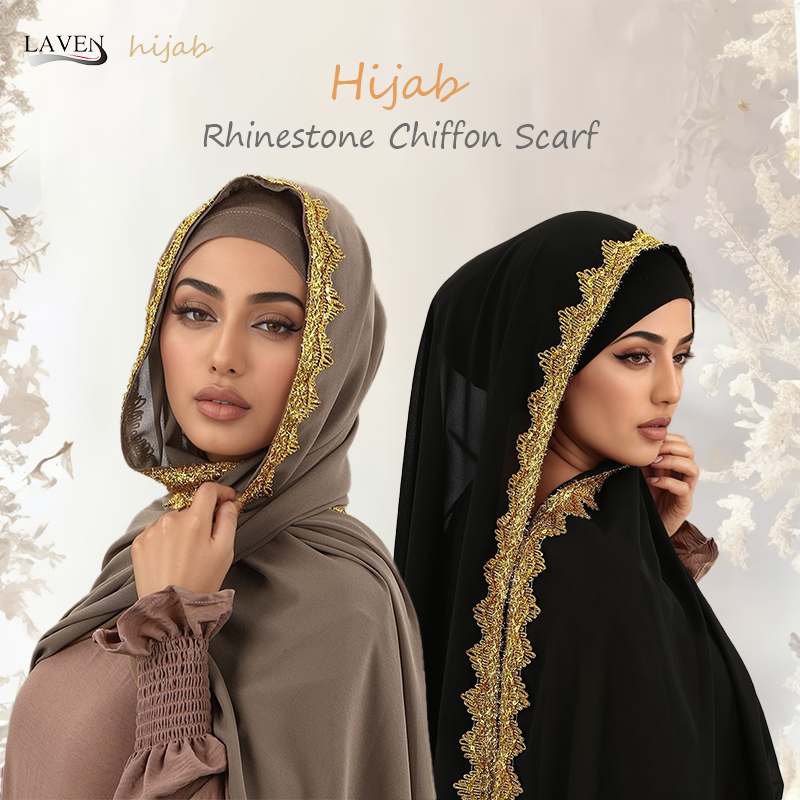 Écharpe Hijab en mousseline de soie et dentelle brillante pour femmes musulmanes, châle Long enveloppant de qualité supérieure, bandeau magnifique Style de fête, silencieux