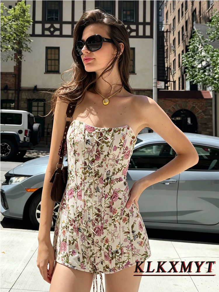 Robe sans bretelles à imprimé tendance pour femmes, robe sexy sans manches, dos nu, à lacets sur le devant, élégante et chic, robe midi pour les vacances d'été