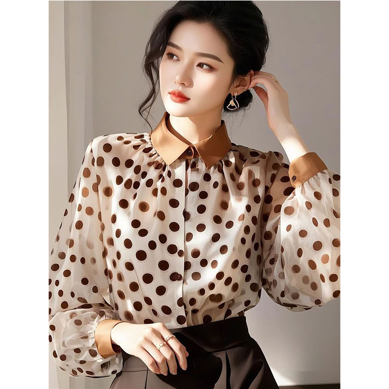 2025 printemps été automne nouvelle mode coréenne Patchwork col rabattu chemises dames à la mode à pois à manches longues Blouse