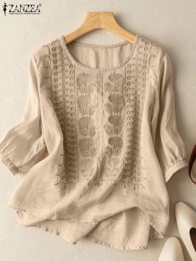 ZANZEA femmes élégantes chemisiers brodés automne 2024 3/4 manches bouffantes Transparent Blusas Mujer décontracté Vintage coton dessus de chemise