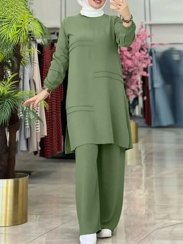 Ramadan deux pièces Ensembles chemise robe et pantalon femmes costumes musulmans chemise Blouse Musulman Ensembles caftan marocain ensembles de robe islamique