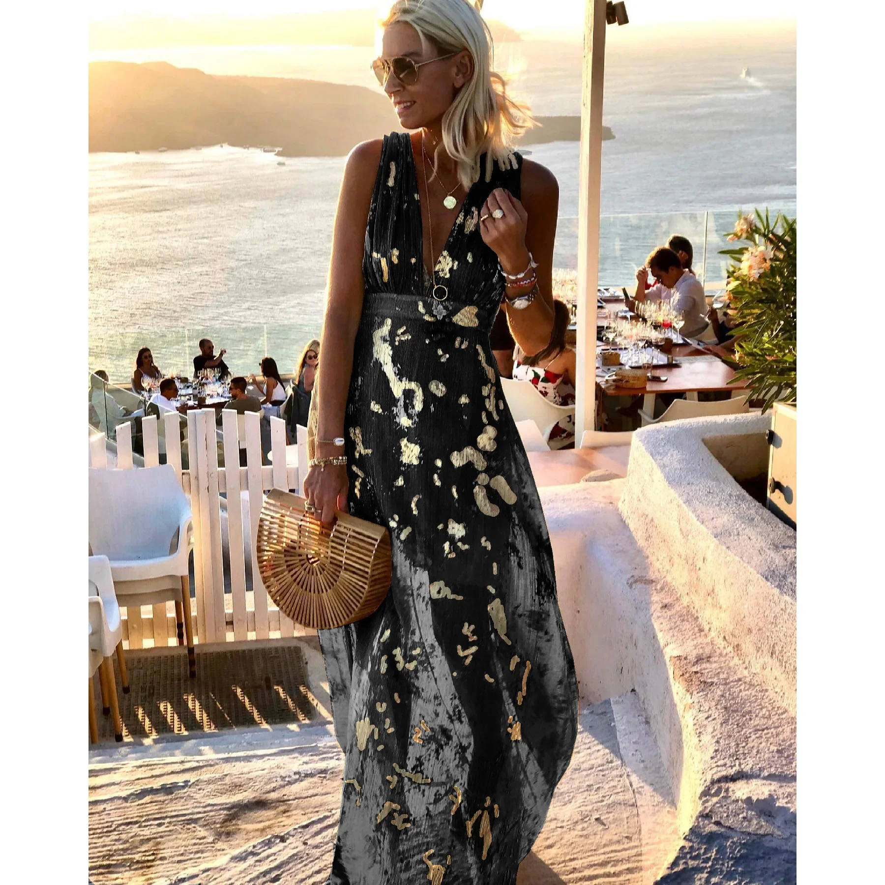 Robe sexy à col en V pour femmes, taille S-XL, estampage à chaud, pour printemps et été européens et américains, fête de vacances décontractée, nouvelle collection