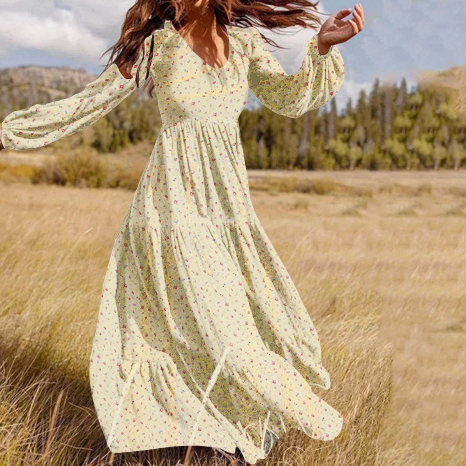 Robe longue décontractée à imprimé floral pour femmes, manches à col en V, robe trapèze, mode élégante, style plage, vacances