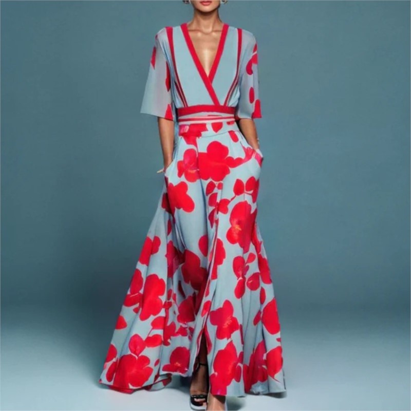 Robe longue de soirée avec ceinture, col en V, imprimé, Sexy, ligne a, style Boho, manches courtes, poches, Maxi, mode printemps 2024