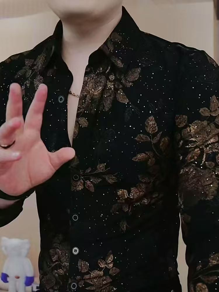 Chemise pour hommes à manches longues automne et hiver mode revers tendance beau imprimé décontracté corps mince