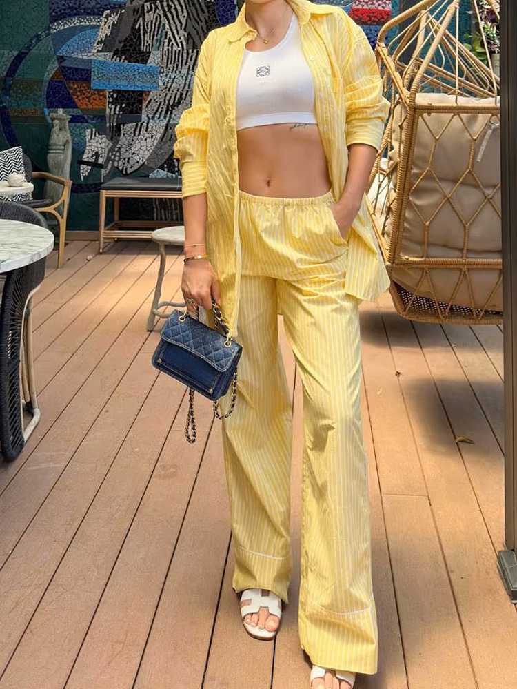 Ensemble 2 pièces chic pour femme : chemise rayée jaune à manches longues et pantalon large à cordon de serrage – Style streetwear
