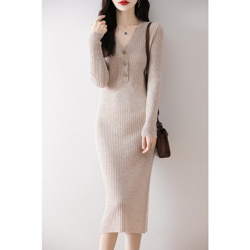 Femmes 100% laine mérinos robe mi-longue pull automne hiver col en v avec boutons pull bas tricots dame robe mince