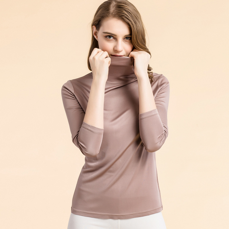 Printemps femmes soie col haut bas Blouse femmes pull à manches longues T-shirt mûrier soie tricot femmes haut 7047