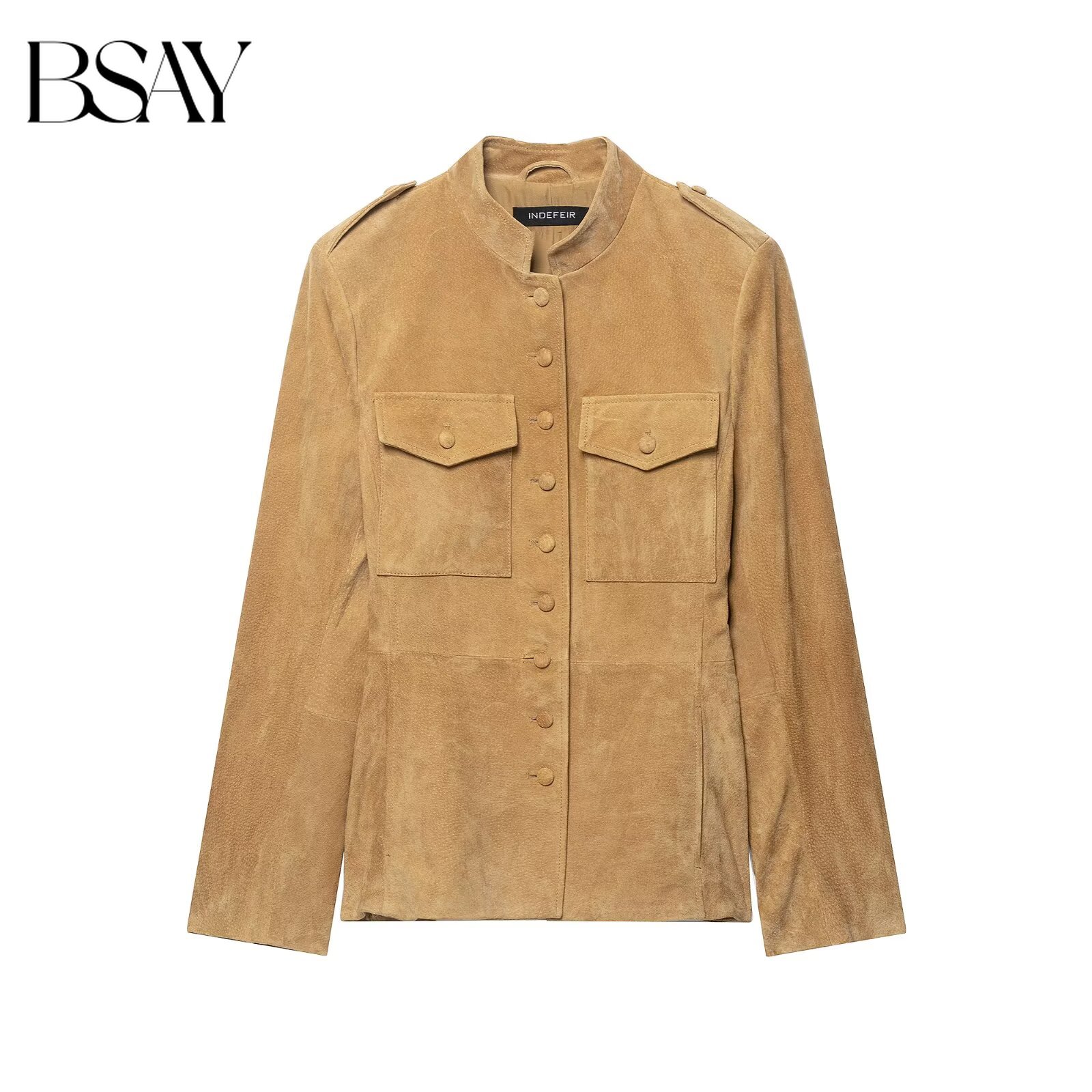 BSAY 2026 – Veste minimaliste pour femme à col montant, épaulettes décoratives, poches et boutons sur le devant, manches longues, pour l'automne