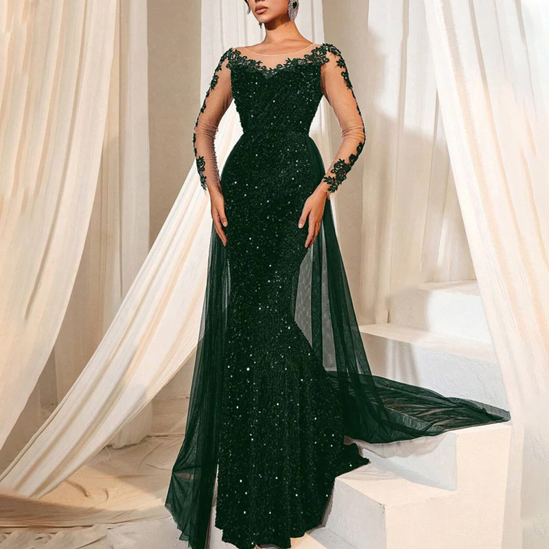 Robe de soirée de luxe à manches longues, Slim, élégante, col en v, dentelle, paillettes, maille épissée, mode, couleur unie, taille haute, paillettes