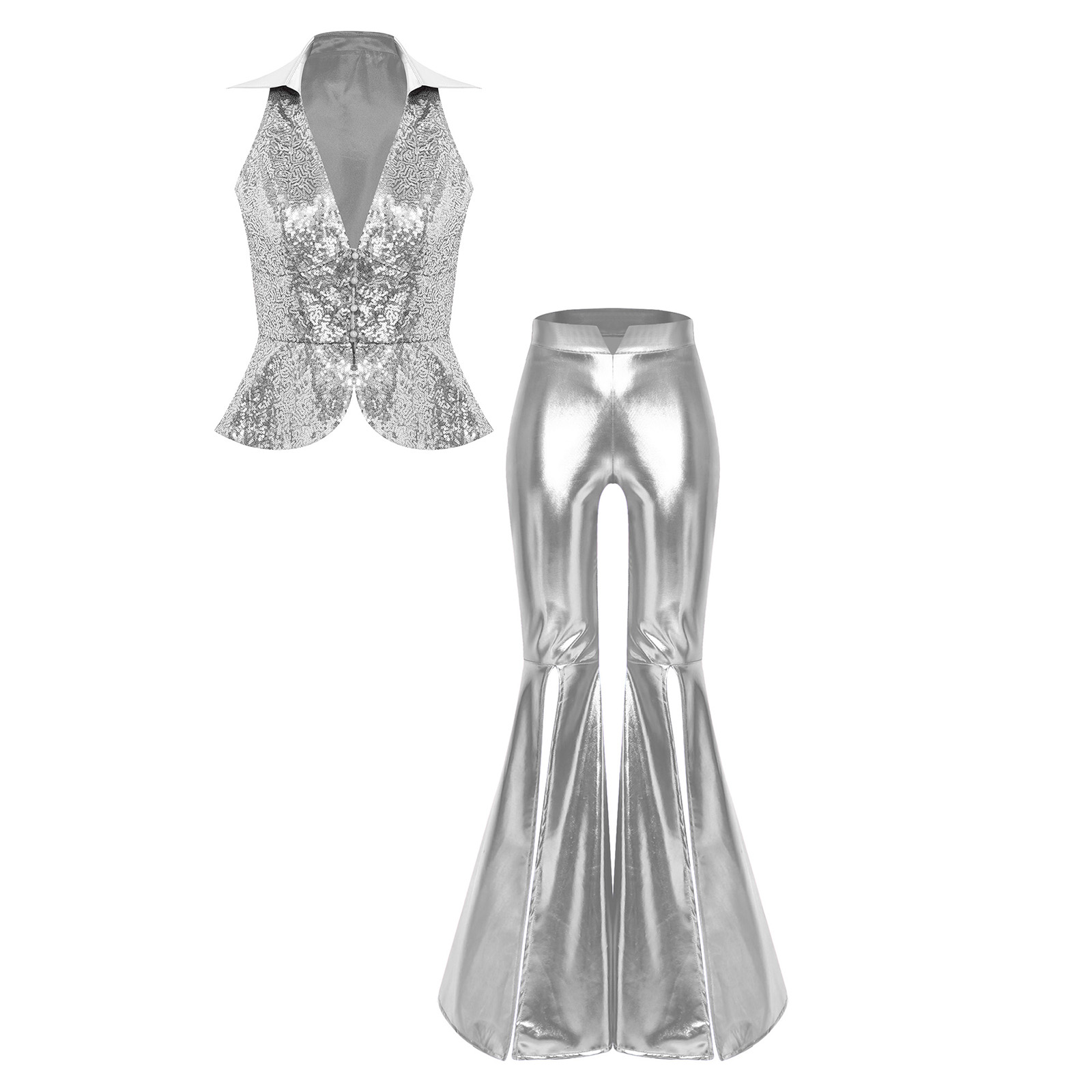 Tenue de soirée pour femmes, style festival, rave, années 70, 80, costume disco, ensemble pantalon, veste à revers, sequins, hauts, pantalons évasés, costumes