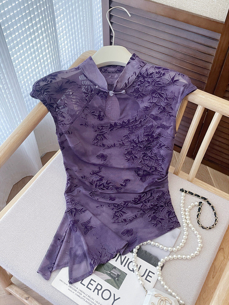 T-shirt élégant de style chinois pour femme, violet, en tissu transparent avec broderie papillon en bambou, style Cheongsam amélioré vintage, haut moulant décontracté