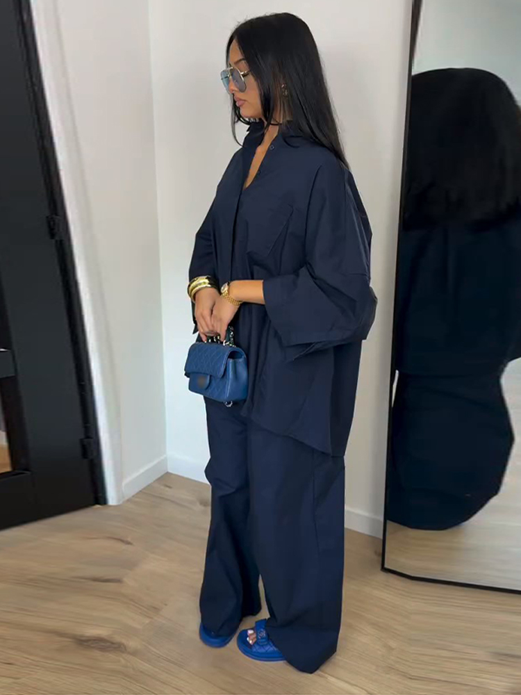 Ensemble chemise à revers à manches courtes et pantalon uni à coupe droite ample avec poches, tenue décontractée quotidienne pour femme, collection Printemps 2026