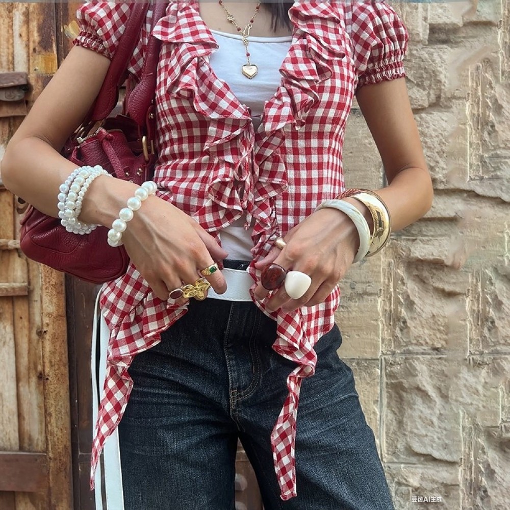 SylCue T-Shirt à carreaux rouge pour femmes, col en v, manches bouffantes, lacets, nombril exposé, rubans slim, volants, Design Y2K, Style doux, Streetwear