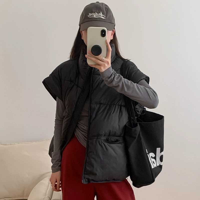 Gilet femme 2025 automne hiver veste sans manches manteau ample court col montant vers le bas coton gilet femmes gilet d'extérieur