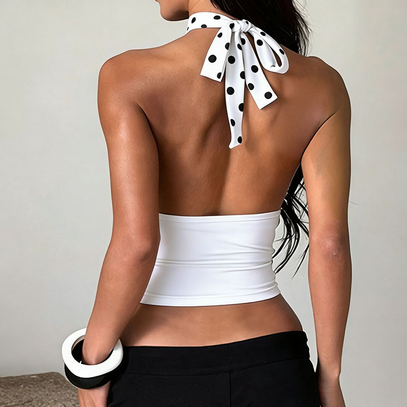 Débardeur Halter Femme Imprimé à Pois Tendance Été Sans Manches Dos Ouvert Style Y2K Vintage Streetwear Crop Top