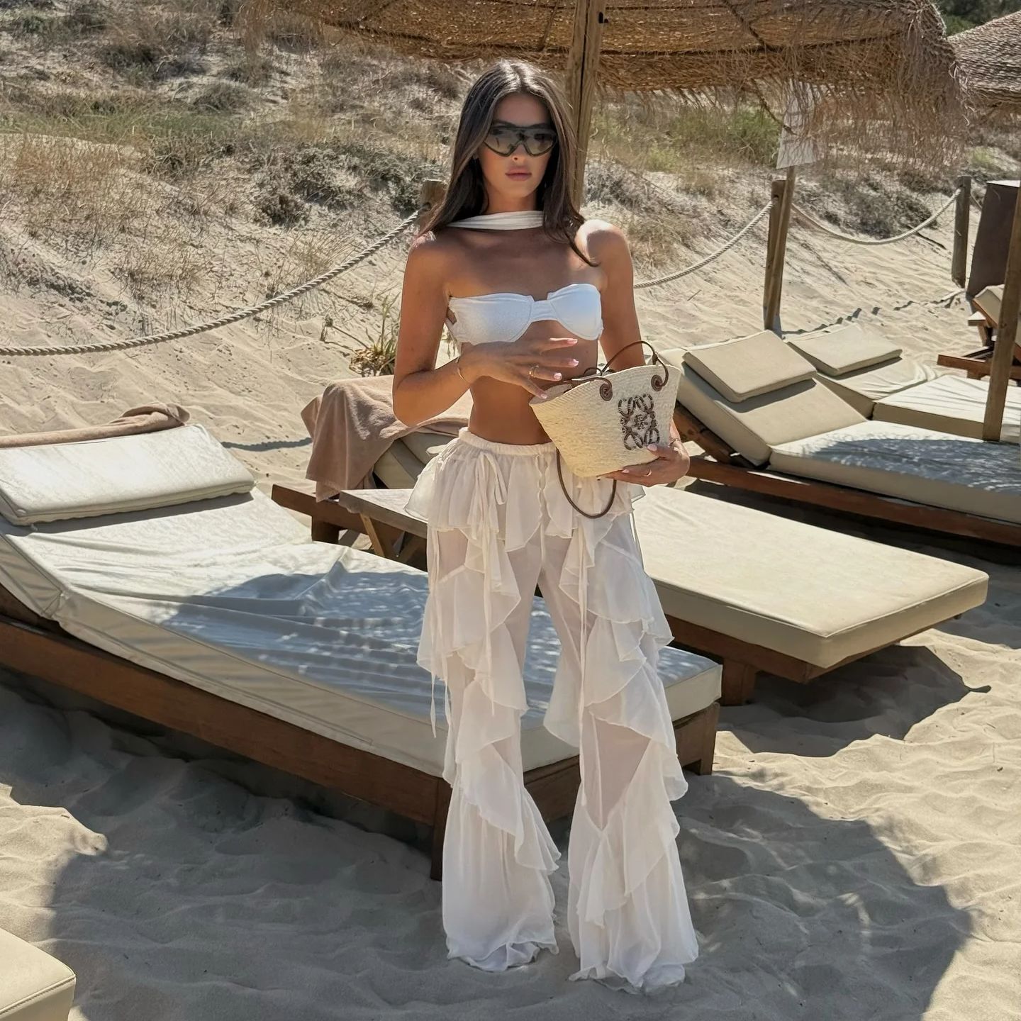 Couvre-up à volants pour femmes, vêtements de plage, tunique en coton blanc, pantalon en maille, jupe portefeuille, Cover-Up pour maillot de bain, été