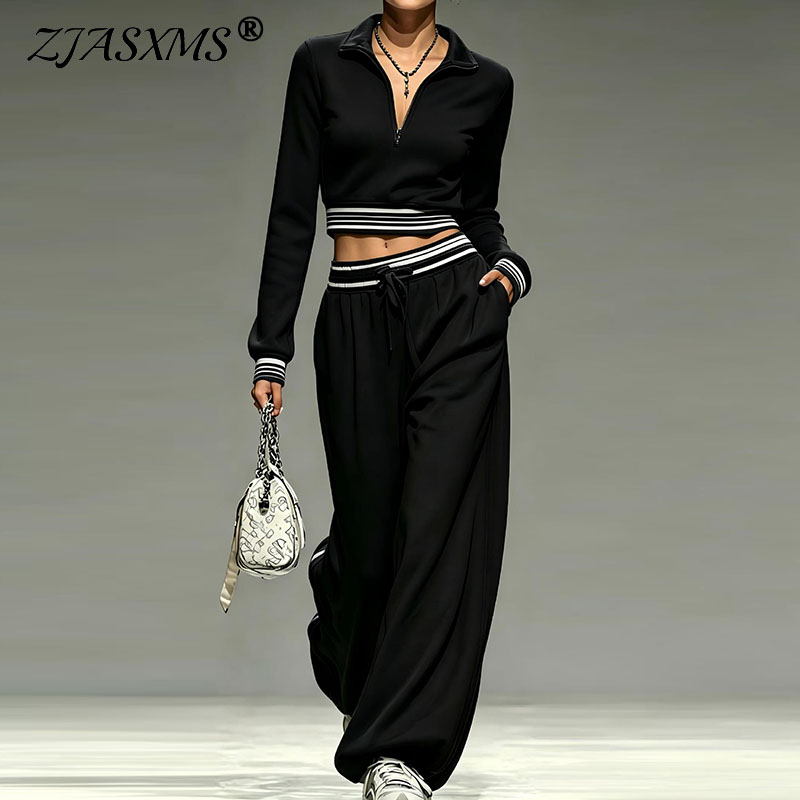 Ensemble de survêtement 2 pièces pour femme : Haut court uni à col montant zippé et pantalon large taille haute – Tenue décontractée et sportive