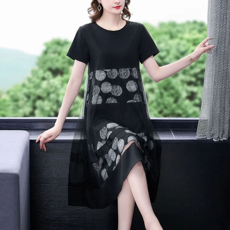 Robe imprimée à manches courtes pour femmes, grande taille, faux deux pièces, mère, mode, femme d'âge moyen, noir, 4XL, été, nouveau