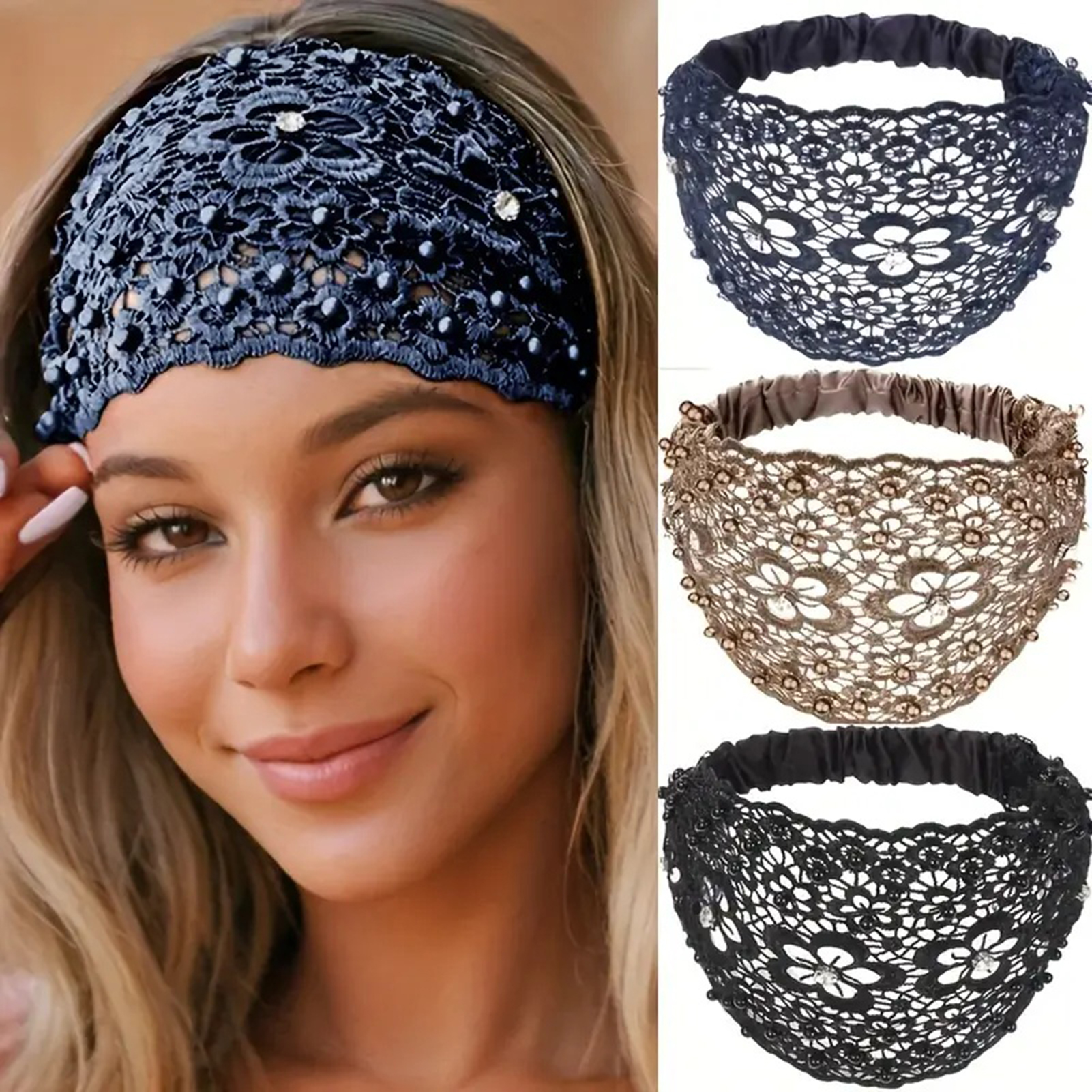 Serre-tête large ajouré pour femme, avec crochet, dentelle, perles, style bohème, élastique, motif floral découpé, accessoire de coiffure vintage
