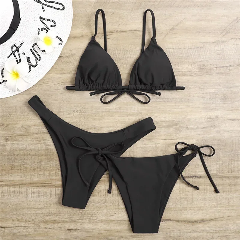 Ensemble bikini 3 pièces sexy pour femme – Maillot de bain triangle bandeau push up en bleu et violet, vêtements de plage brésiliens