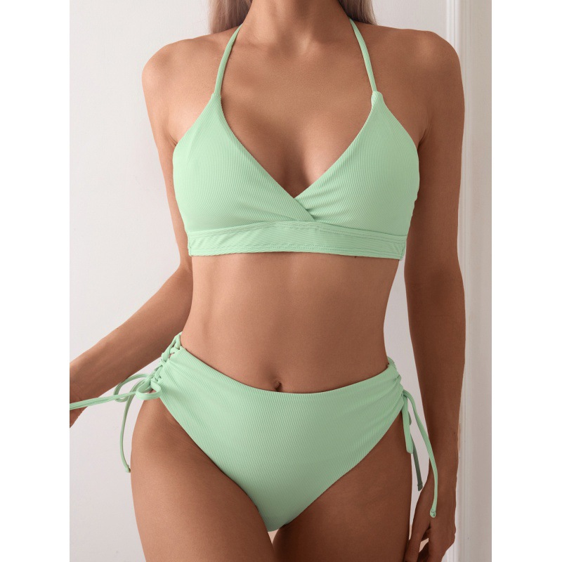 Cikini-ensemble bikini fendu à col en V pour femme, maillot de bain sexy, à lacets, bikini triangulaire, couleur unie, maillot de plage, maillot de bain