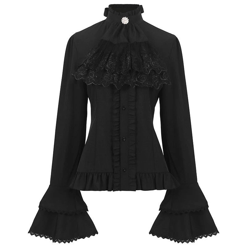 Chemise à manches longues de style victorien pour femmes, nouvelle arrivée 2025, dentelle noire et blanche, volants, col haut, dos corset, style gothique vintage