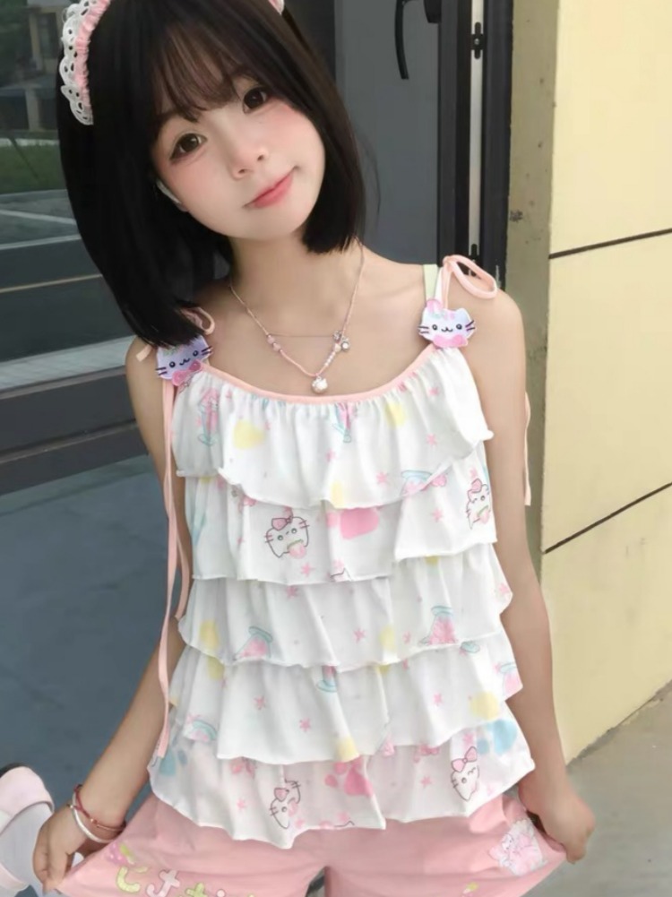 Débardeur Bandage brodé japonais Kawaii pour femmes, Y2k, esthétique, imprimé chat de dessin animé, mignon, Harajuku, Camisoles brodées à volants